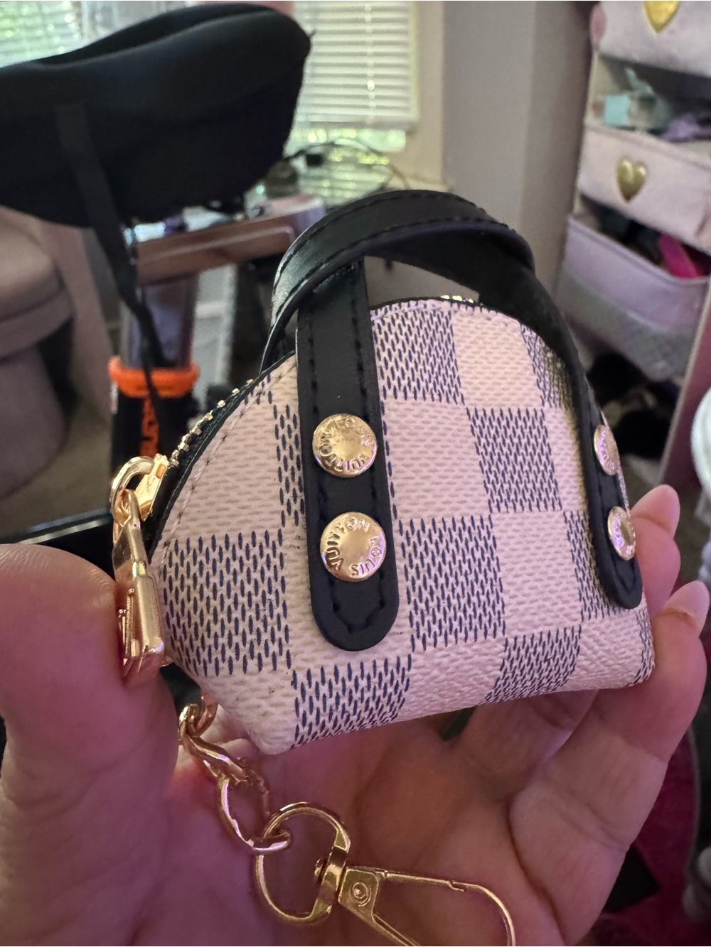 Luxury-Inspired Cream Check Mini Bag Charm with Black Trim
